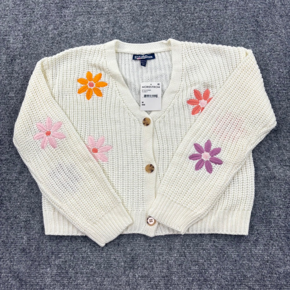 Freshman Cardigan Sweater Medium White Floral Embroidered Button Front NWT Women